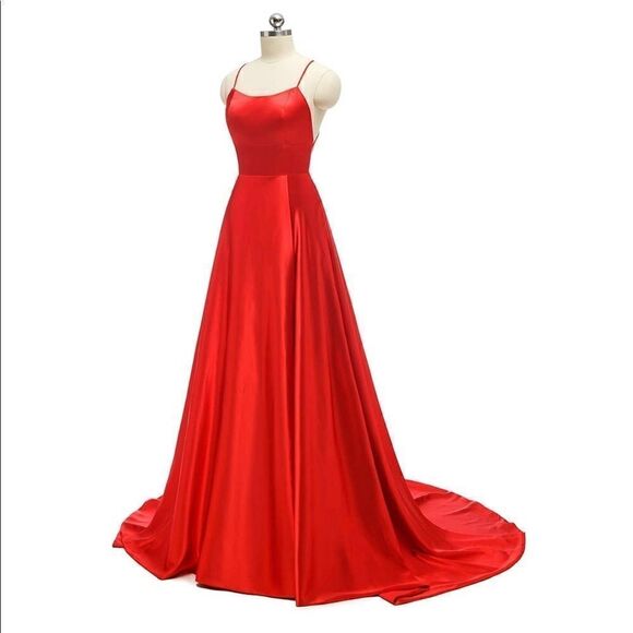Long Slit Prom Dress Red Bridesmaid Formal Dance Spaghetti - Picture 2 of 6